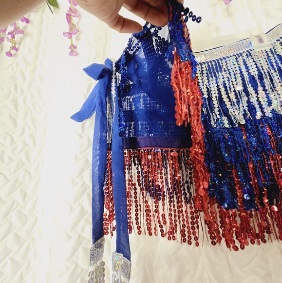 Sequins Belly Dancer Skirt Red White Blue Rodeo Belt Over Jeans - Picture 3 of 3
